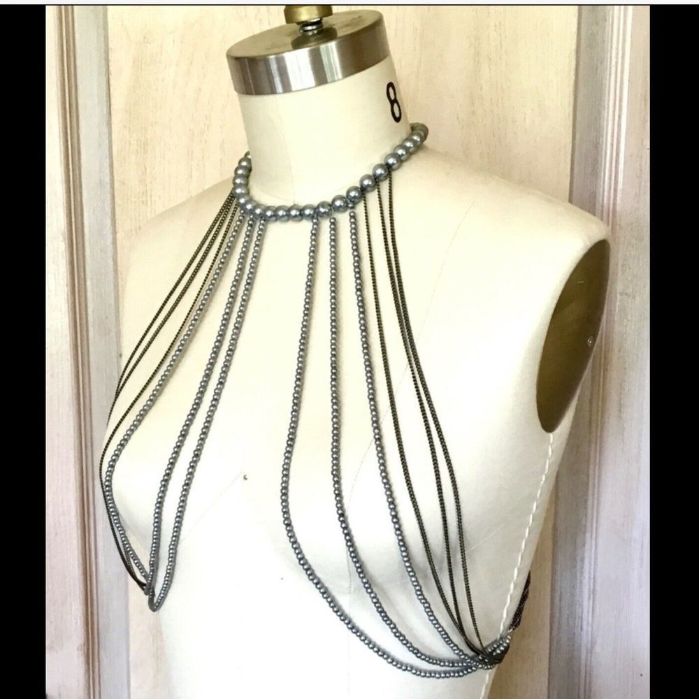 Free People Lena Bernard Necklace Vest Harness Pearl Chain